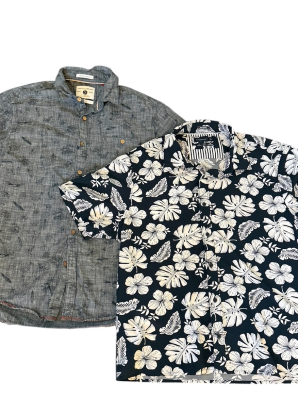 Lot‎ 2 Mens Shirts L Hawaiian Floral Denim & Flower + CactusMan Chambray Novelty